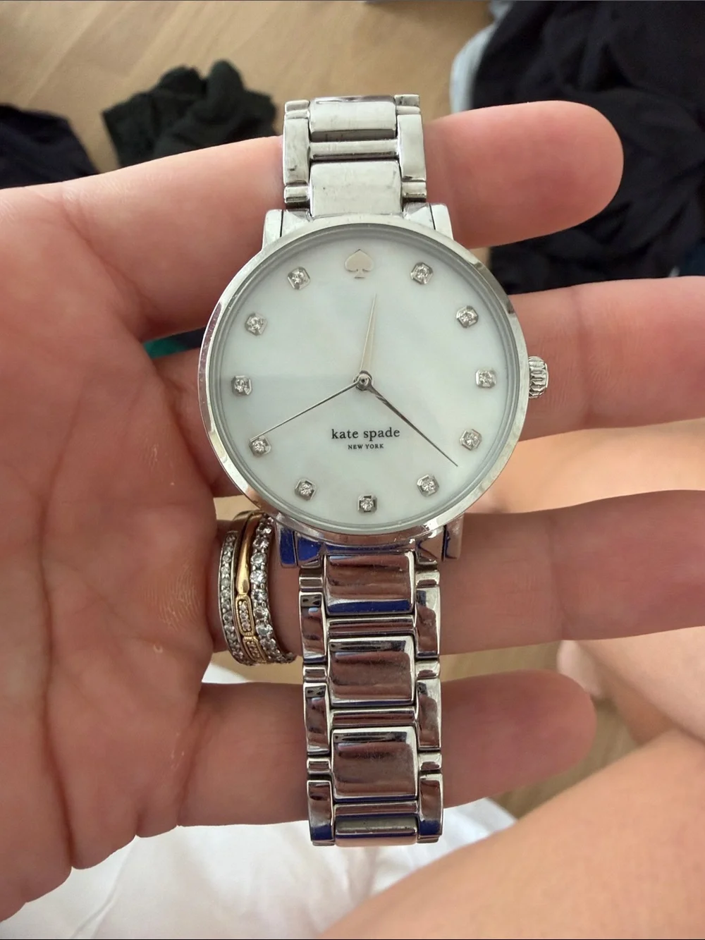 kate spade Silver and White Mother-of-Pearl Crystal Dial Bracelet Watch
